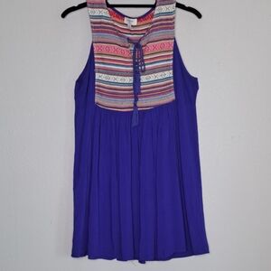 Umgee Blue Multicolor Aztec Boho Tribal Peasant Tunic Mini Dress M